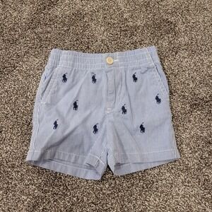 Ralph Lauren Boys Blue White Seersucker Embroidered Pony Shorts 9M Micro Stripe